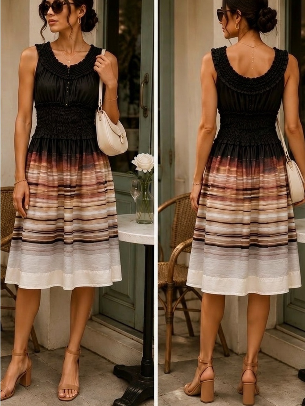 Esley Smocked Midi Dress Small Black Brown Stripe Sleeveless Boho Brunch Dress